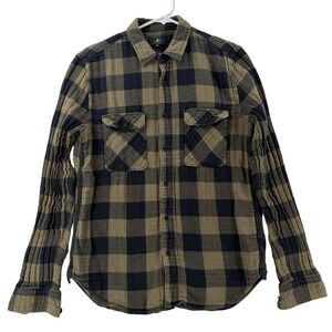 7 For All Mankind Flannel‎ Shirt Mens Medium Beige Plaid L/S Plaid Pockets
